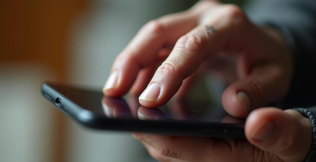 Smartphone-Display mit großen, übersichtlichen App-Icons, gehalten von älteren Händen.