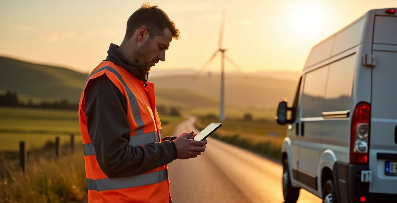 Techniker mit mobilem Gerät in ländlicher deutscher Region