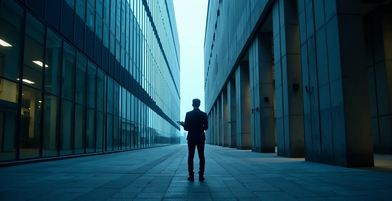 Geschäftsleute prüfen Netzwerkinfrastruktur in deutschem Gewerbegebiet