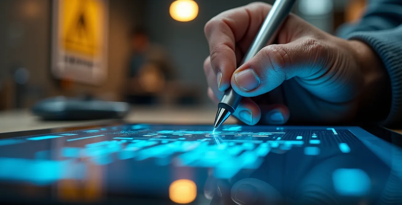 Nahaufnahme einer Hand die auf einem Tablet unterschreibt mit sichtbaren digitalen Sicherheitsmerkmalen