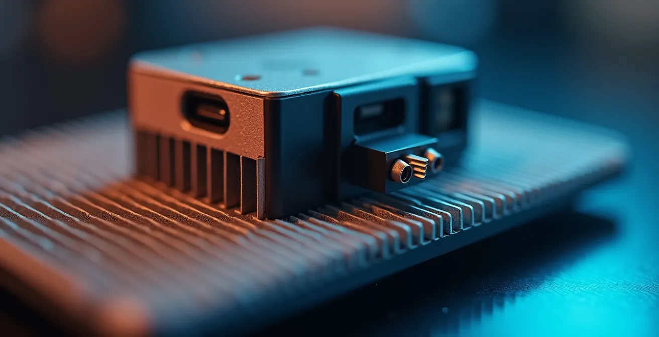 Nahaufnahme einer modifizierten VR-Halterung mit kleinen Kühlkörpern und USB-Lüfter