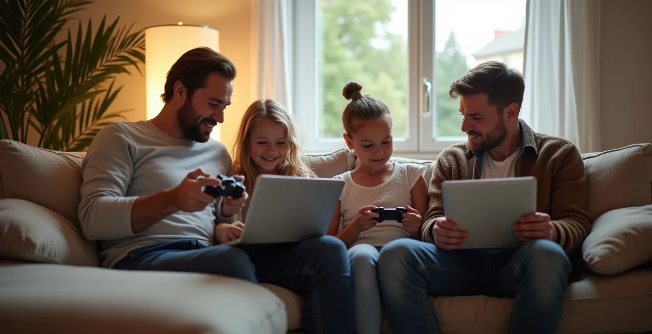 Vierköpfige Familie nutzt verschiedene digitale Geräte gleichzeitig im Wohnzimmer