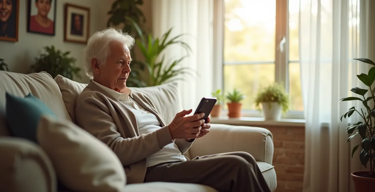 Senioren-Hände halten ein Smartphone während eines Videoanrufs mit einer helfenden Person.