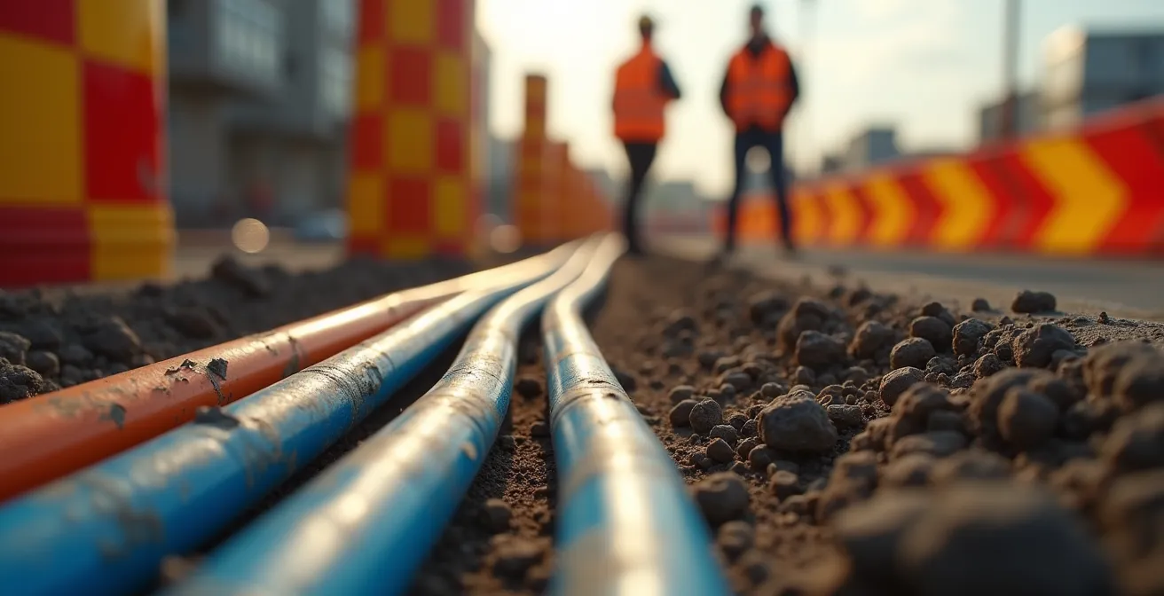 Nahaufnahme von Glasfaserkabeln die in einem deutschen Baustellenkontext verlegt werden mit verschwommenen Bauarbeitern im Hintergrund