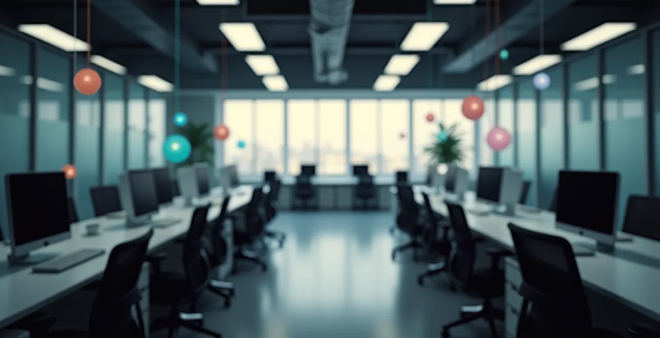 Büroumgebung mit abstrakten Statusanzeigen und respektvoller Kommunikation
