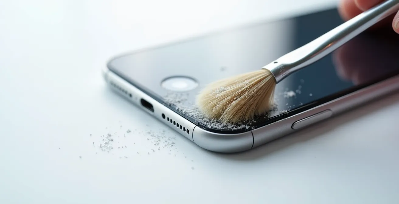 Makroaufnahme eines Smartphone-Scharniers mit antistatischem Pinsel