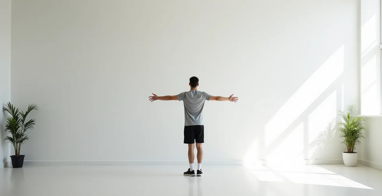 Ein Gamer führt in einer minimalistischen und hellen Umgebung präventive Dehnübungen für die Handgelenke durch.