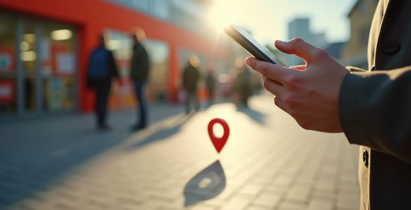 Ein Smartphone in einer Hand zeigt eine Benachrichtigung an, während im unscharfen Hintergrund der Eingang eines deutschen Supermarktes zu sehen ist.