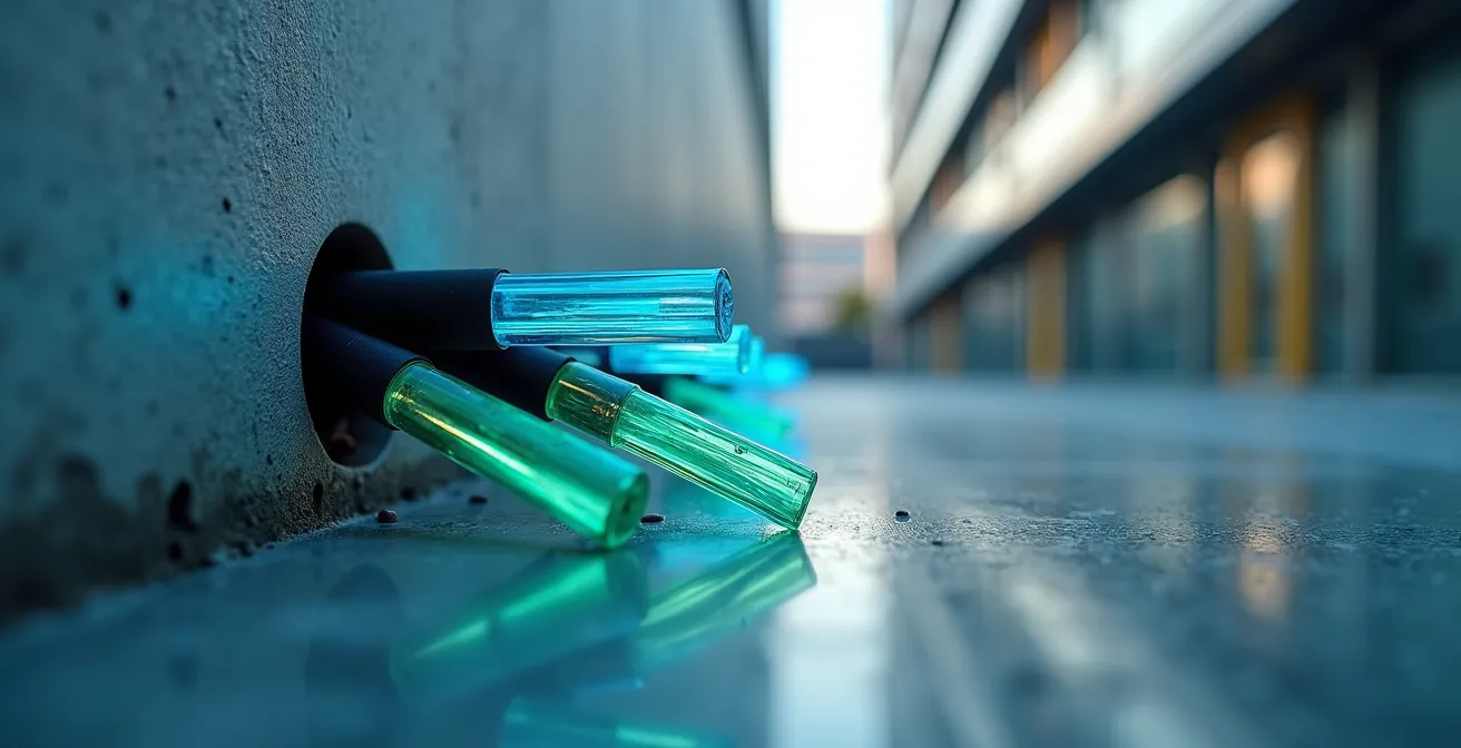 Modernes Gewerbegebäude mit sichtbarer Glasfaserinfrastruktur in Deutschland