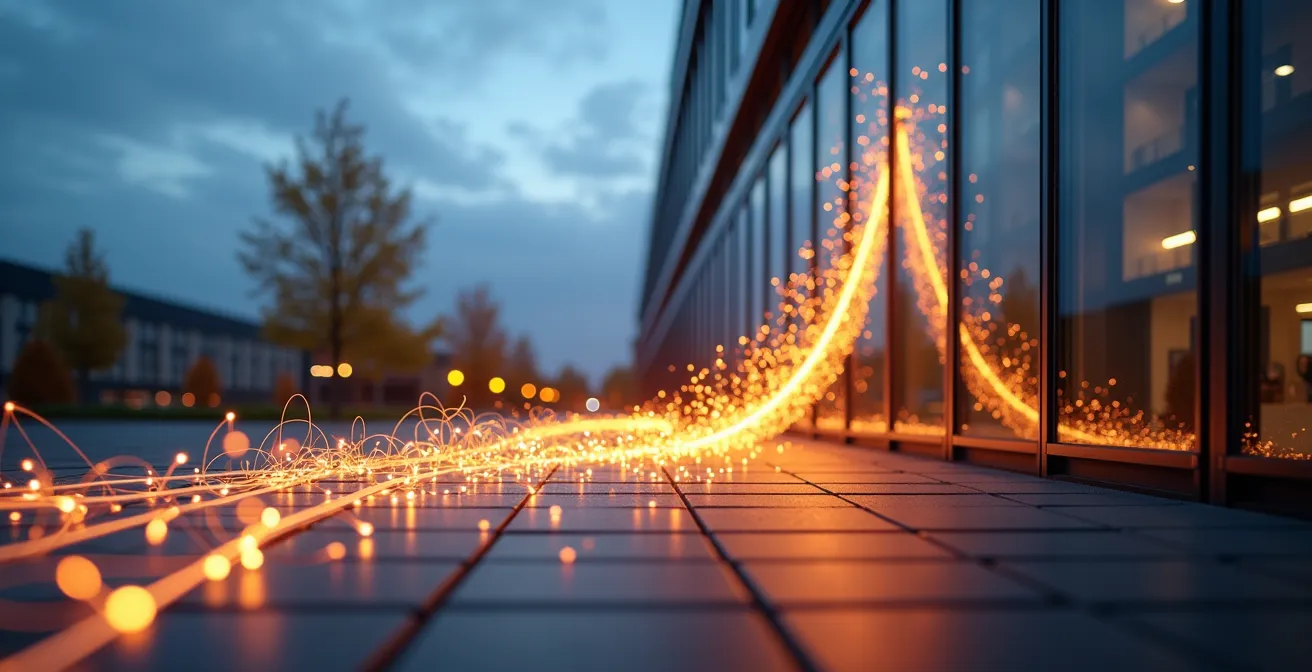 Moderne deutsche Gewerbeimmobilie mit sichtbaren Glasfaserleitungen im Vordergrund und unscharfem Business-Kontext