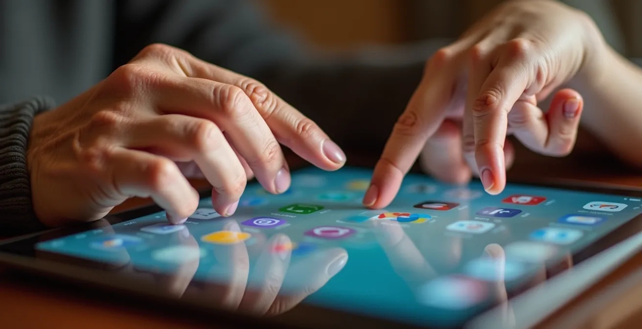 Nahaufnahme der Hände eines Großvaters und einer Enkelin, die gemeinsam ein Tablet bedienen und auf dem Bildschirm Familienfotos betrachten.