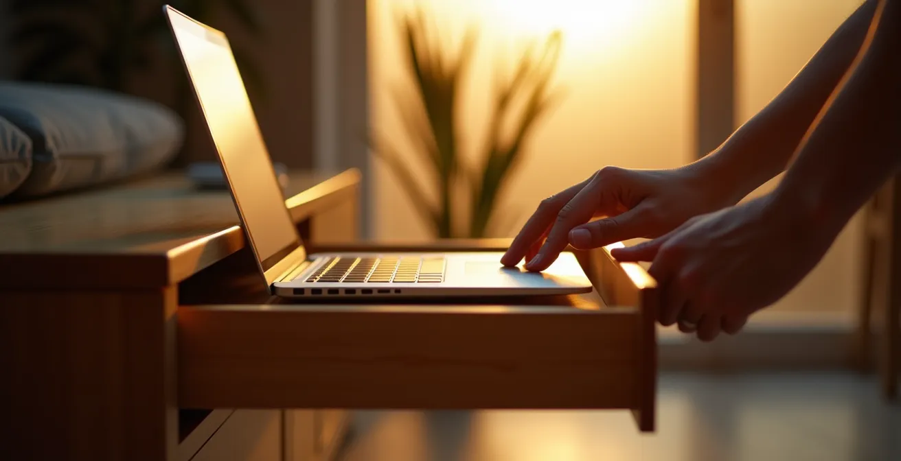 Seitliche Perspektive eines zugeklappten Laptops, der in eine Holzschublade geschoben wird