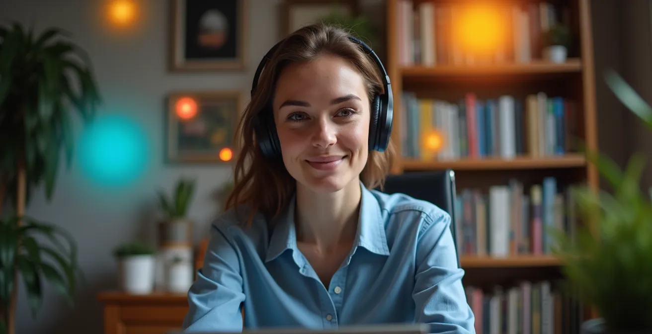 Person in einem deutschen Homeoffice, die ein Business-Headset trägt und konzentriert an einer Videokonferenz teilnimmt, umgeben von abstrakten Sprecherblasen.