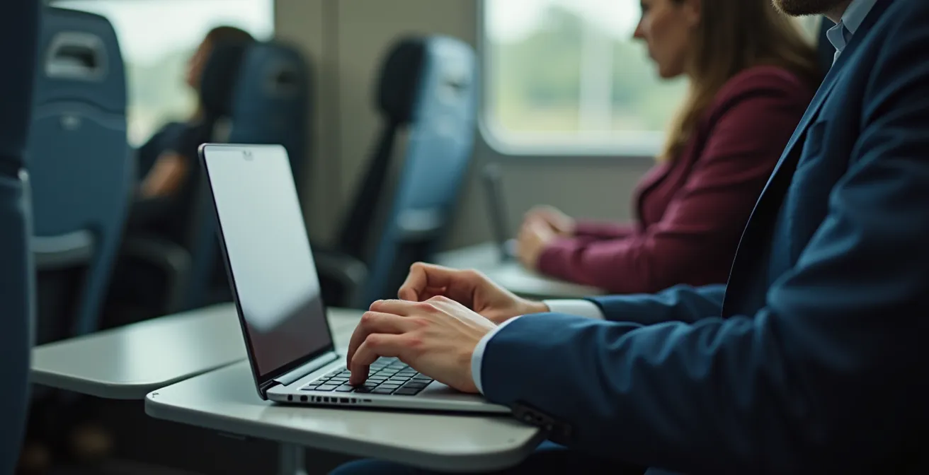 Arbeitsplatz im ICE mit aufgeklapptem Foldable auf Klapptisch