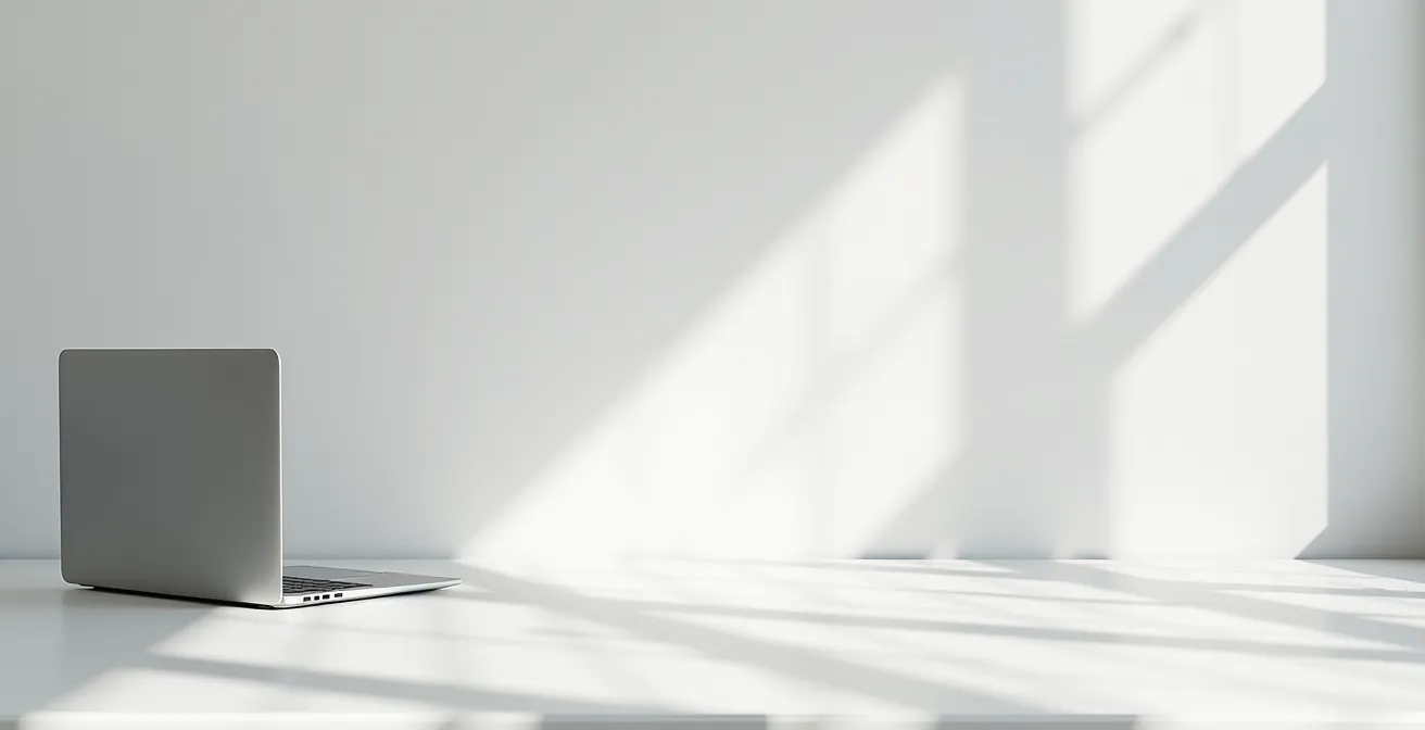 Minimalistisches Büro mit Schatten von Dokumenten, die die Komplexität des Identitätsdiebstahls andeuten