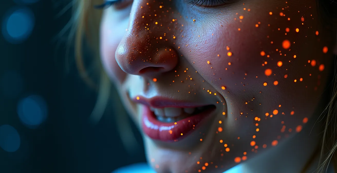 Makroaufnahme von Gesichtskonturen mit abstrakten Lichtmustern, die biometrische Datenpunkte symbolisieren.