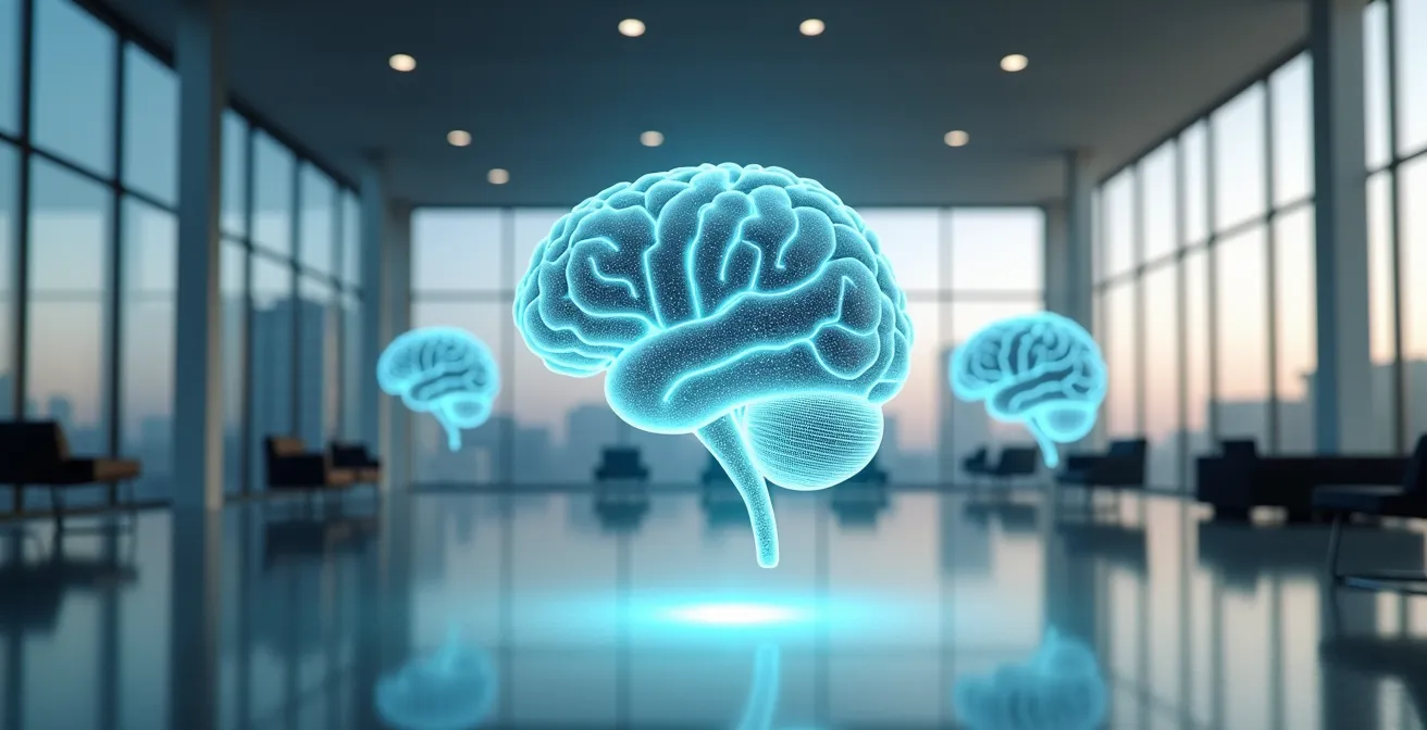 Drei abstrakte KI-Gehirne verarbeiten deutsche Textfragmente in einem minimalistischen Büroraum