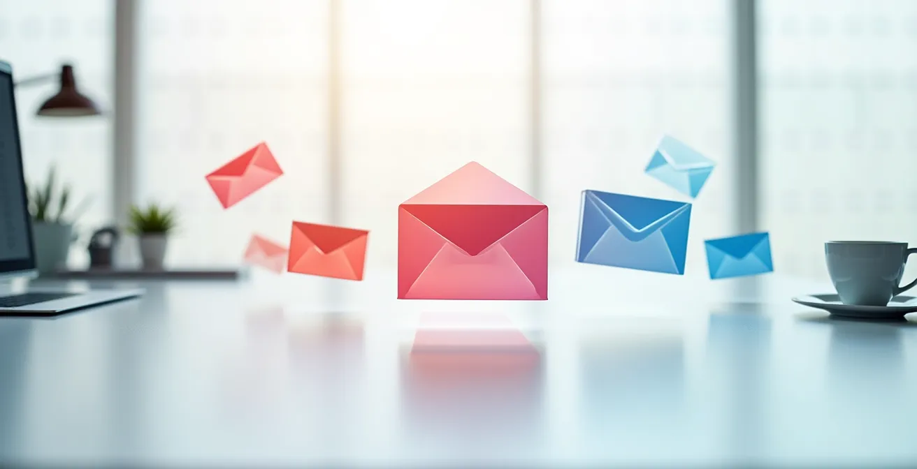 Abstrakte Darstellung von E-Mail-Filterung durch KI ohne sichtbare Textelemente