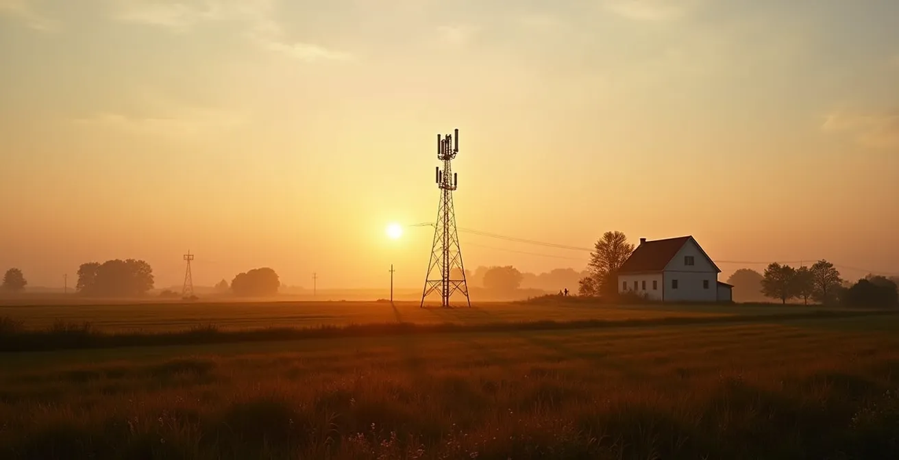 Ländliche Gegend mit Glasfaserkabel und Mobilfunkmast im Kontrast