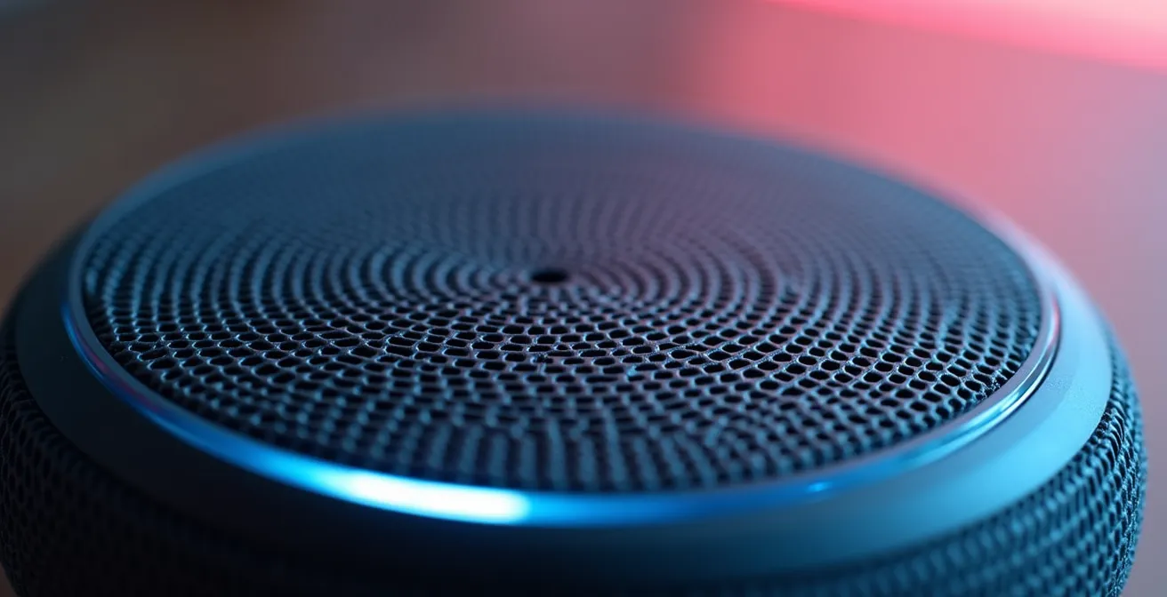 Nahaufnahme eines Smart Speakers mit sichtbarem Mikrofon-Array, das die technische Präzision zeigt