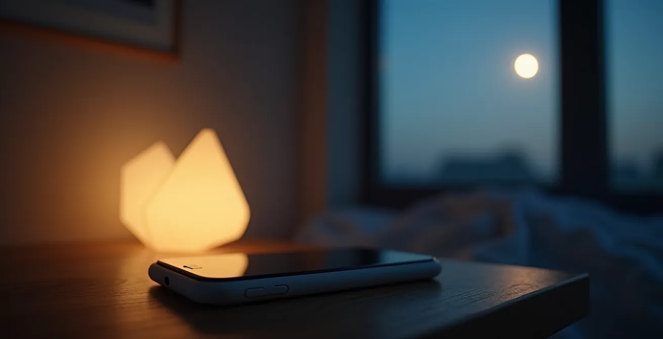 Smartphone auf Nachttisch mit abstrakten Update-Symbolen in der Dunkelheit