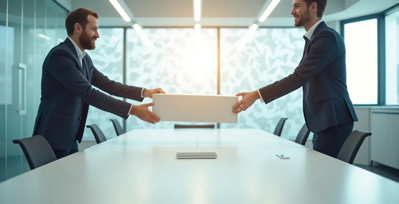 Weitwinkelaufnahme eines modernen Büros während der Geräteübergabe