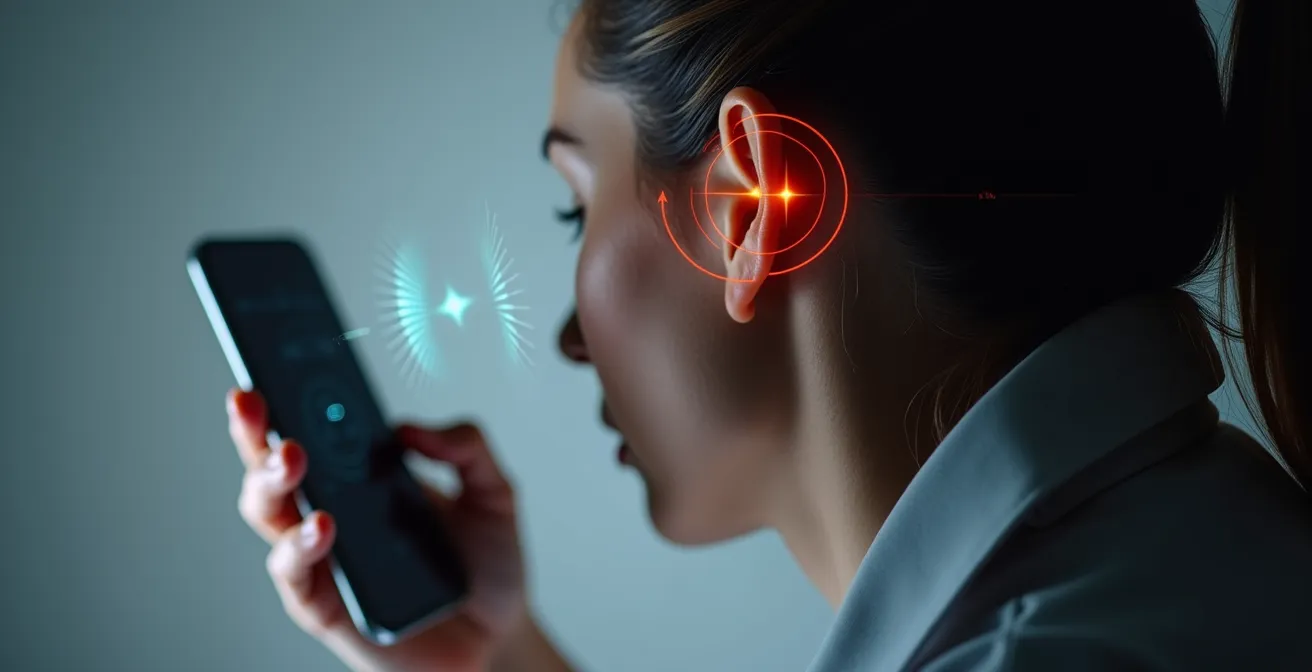 Nahaufnahme eines Ohrs, das von einer Smartphone-Kamera gescannt wird, mit abstrakten Messlinien im Raum.