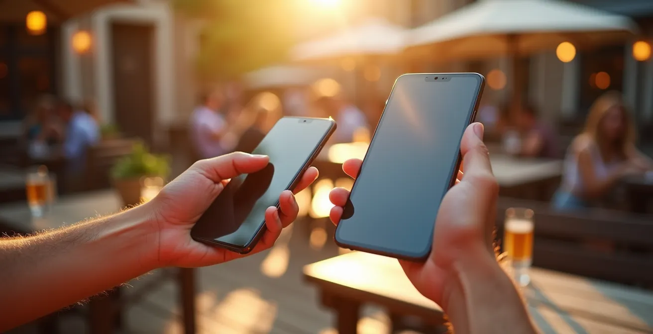 Zwei Smartphones, OLED und LCD, werden nebeneinander in einem deutschen Biergarten bei direkter Sonneneinstrahlung gehalten, um die Lesbarkeit zu vergleichen.