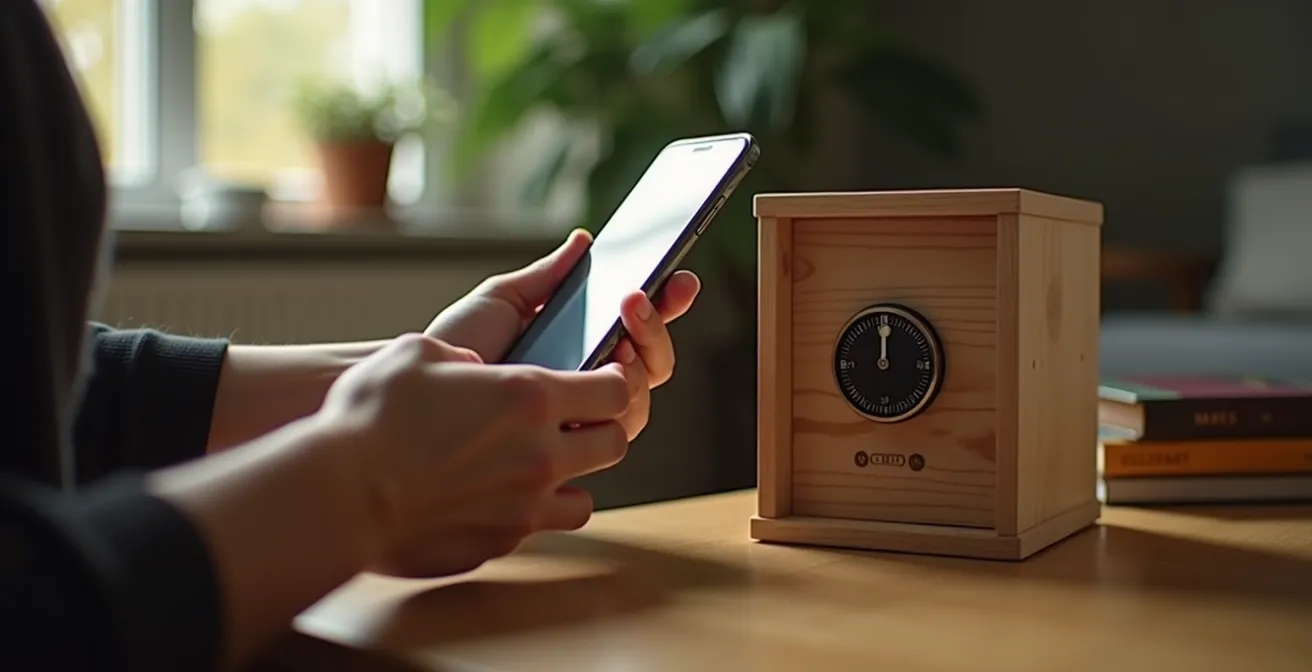Eine Person legt ihr Smartphone bewusst in eine Holzkiste mit einem Zeitschloss, um eine digitale Grenze zu setzen.