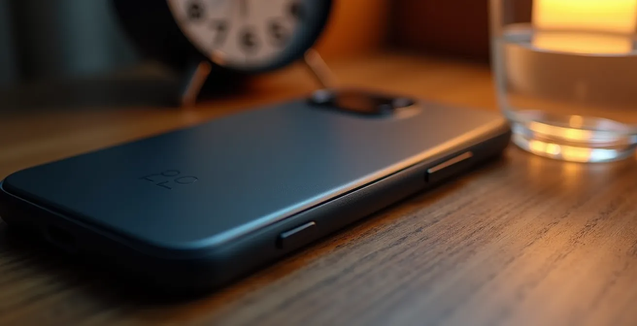 Smartphone auf Nachttisch zeigt Graustufen-Display mit Uhrzeit im Schlafmodus