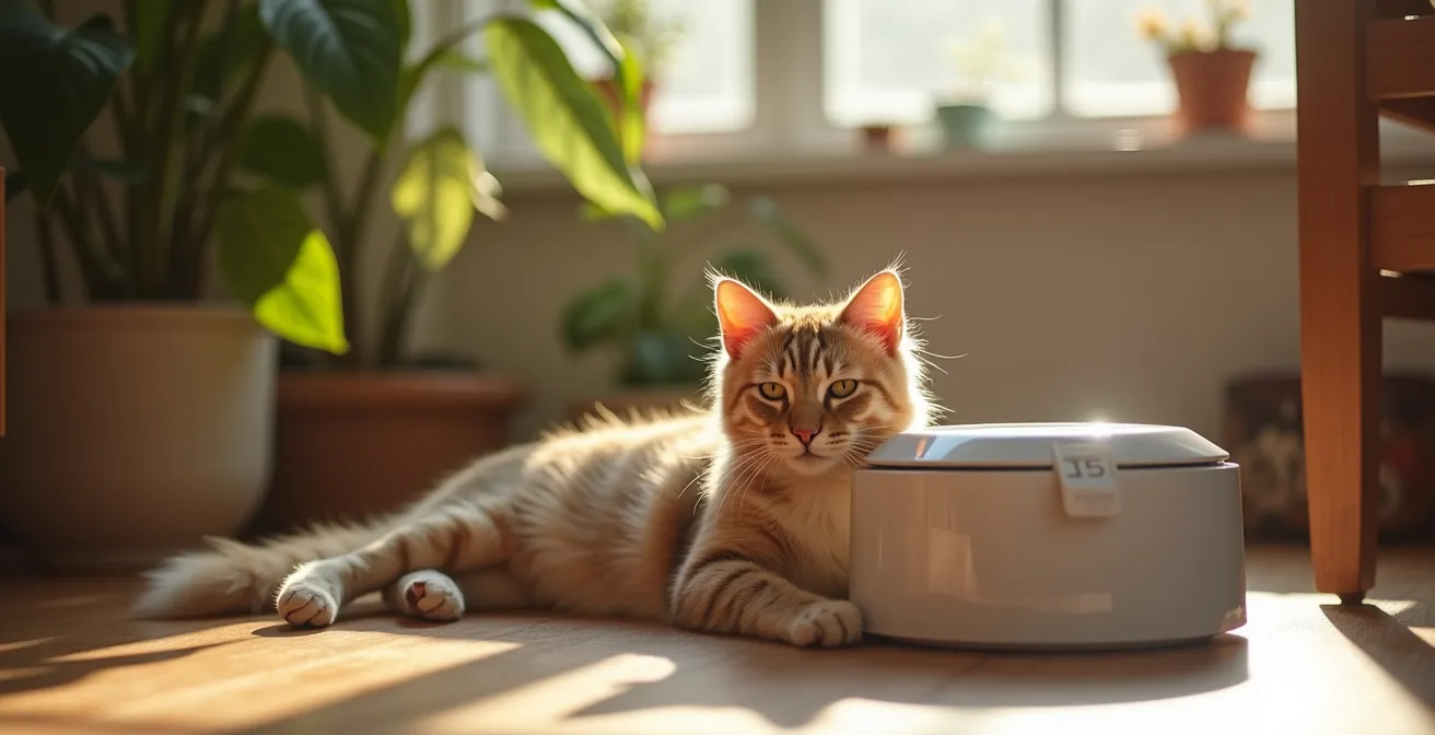 Katze entspannt neben modernem Futterautomaten in gemütlicher deutscher Wohnung