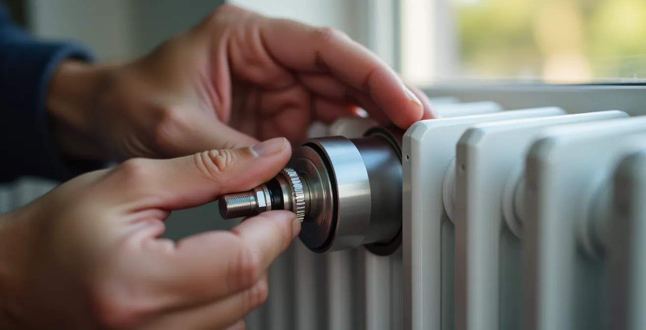 Nahaufnahme eines smarten Thermostats während der Installation