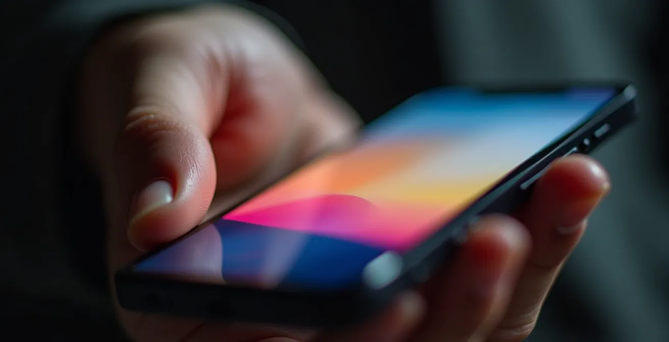 Hand hält Smartphone mit aktiviertem Einhandmodus, verkleinerter Bildschirm im unteren Bereich