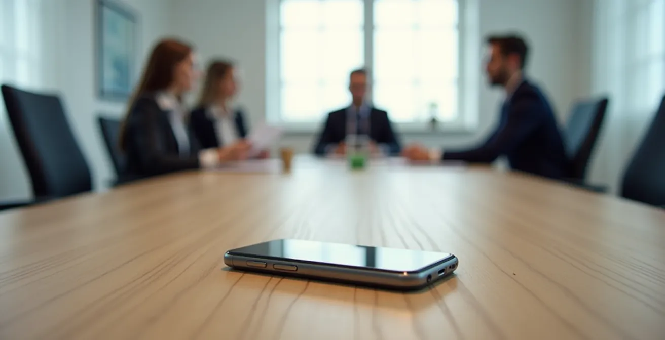 Geschäftsumgebung mit Smartphone auf Konferenztisch zeigt subtile Vibrationsmuster