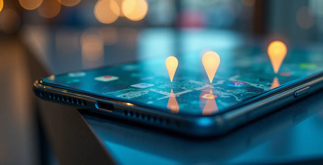 Smartphone mit abstrakten Standort-Markierungen vor Supermarkt-Umgebung