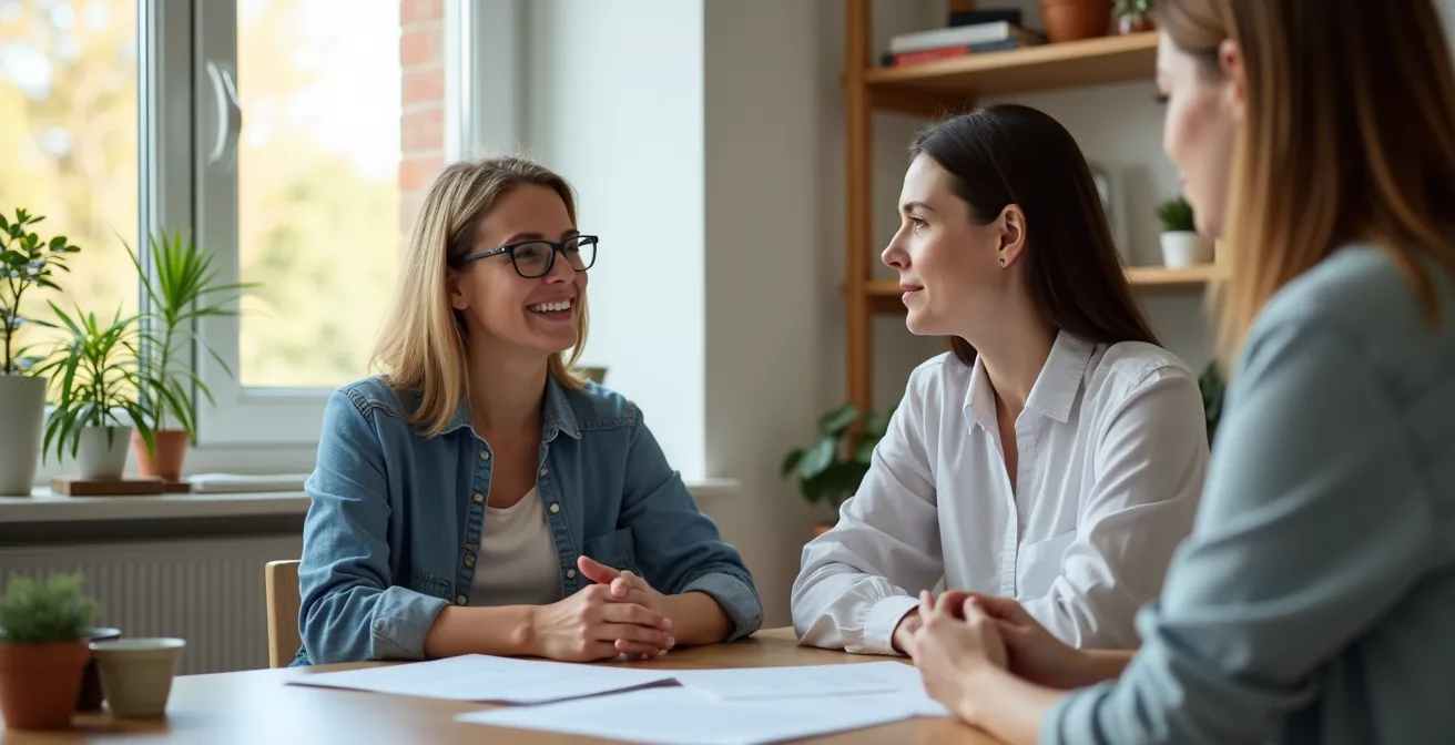 Therapeut und Patient besprechen gemeinsam Fortschritte ohne sichtbare Bildschirme