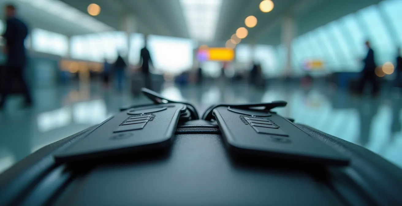 Nahaufnahme verschiedener Tracking-Geräte mit Flughafen-Ambiente im Hintergrund