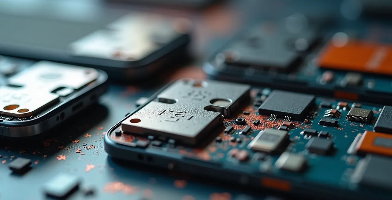 Nahaufnahme eines rot verfärbten Wasserschaden-Indikators in einem geöffneten Smartphone