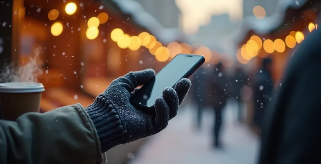 Hand mit Winterhandschuh versucht Smartphone im verschneiten deutschen Winter zu bedienen Hand mit Winterhandschuh versucht Smartphone im verschneiten deutschen Winter zu bedienen